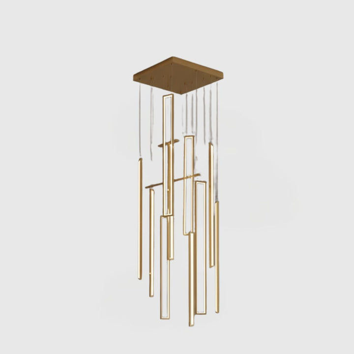Modern Linear LED Chandelier – Gold/Brass Rectangular Base with Hanging Light Bars
