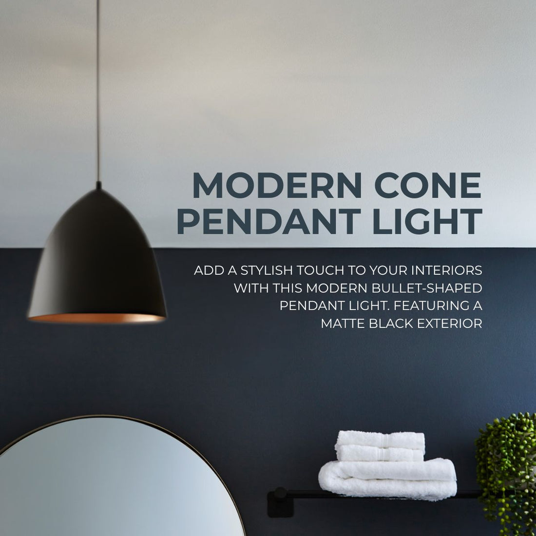 Modern Bullet/ Cone Pendant Light – Matte Black Exterior with Copper/Gold Interior
