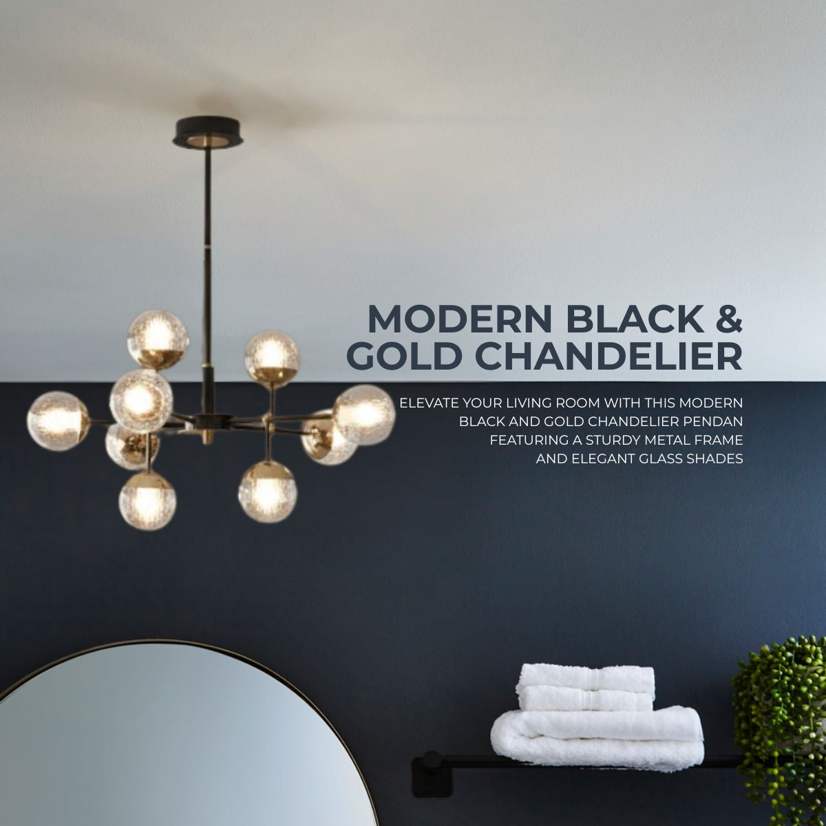 Modern Black & Gold Chandelier Pendant – Metal Frame with Glass Shades