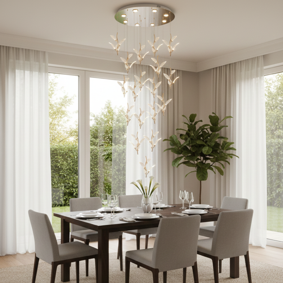 LED Gold Leaf Cluster Chandelier - Modern Multi-Light Ceiling Fixture for Staircase & Dining Room