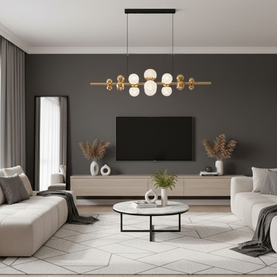 Modern Gold Chandelier with White & Transparent Spherical Lights