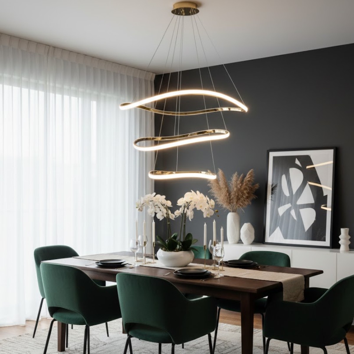 Modern LED Chandelier – Multi-Ring Wavy Design with Gold/Brass Finish