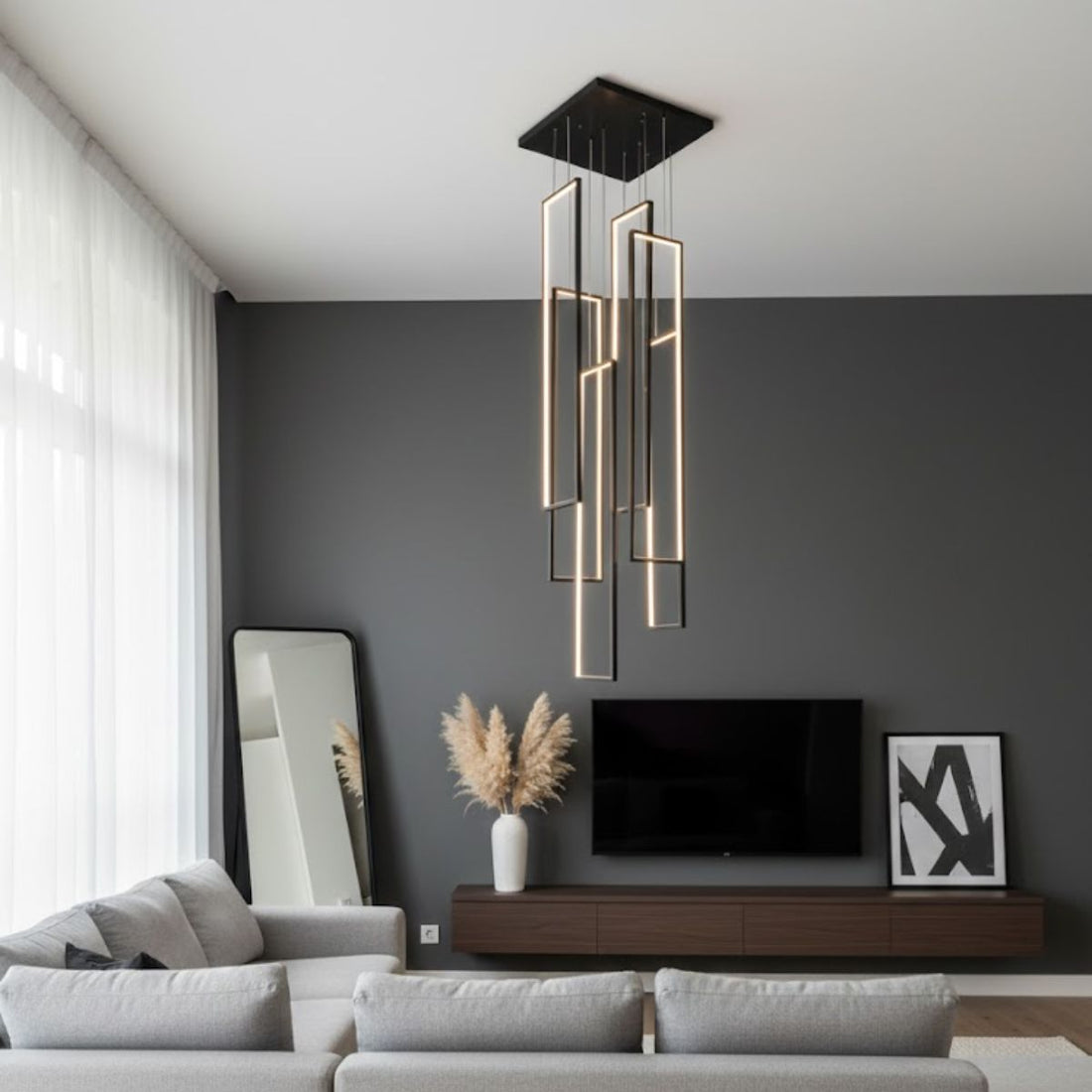 Modern LED Suspension Light – Cascade Miré Style, Matte Black Steel