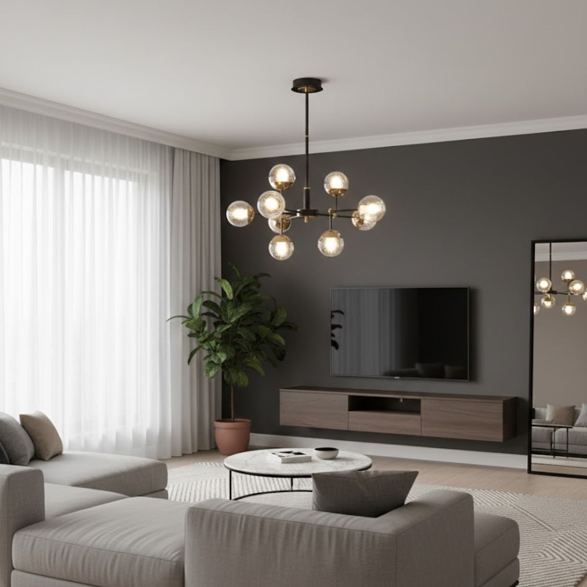 Modern Black & Gold Chandelier Pendant – Metal Frame with Glass Shades