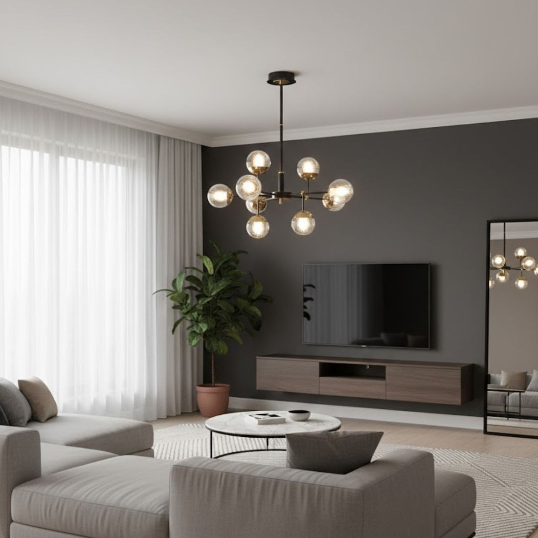 Modern Black & Gold Chandelier Pendant – Metal Frame with Glass Shades