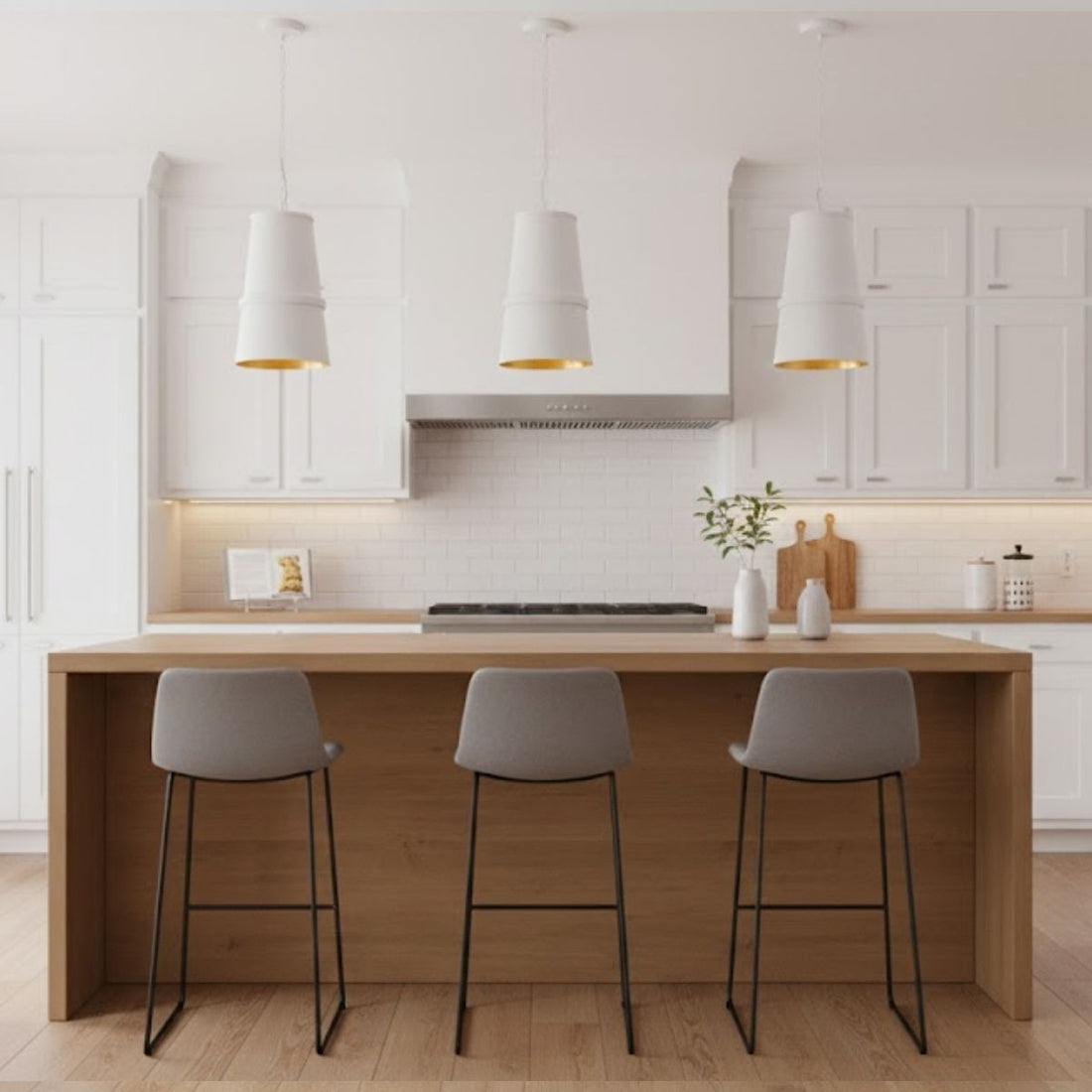 White Pendant Light with Gold Interior – Modern Hanging Ceiling Lamp