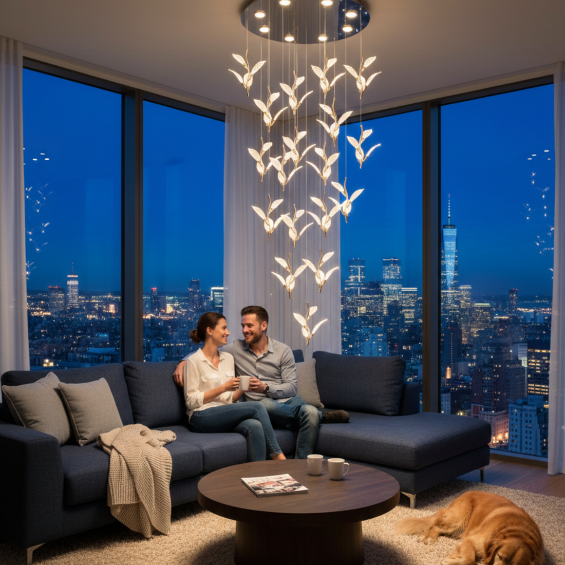 LED Gold Leaf Cluster Chandelier - Modern Multi-Light Ceiling Fixture for Staircase & Dining Room