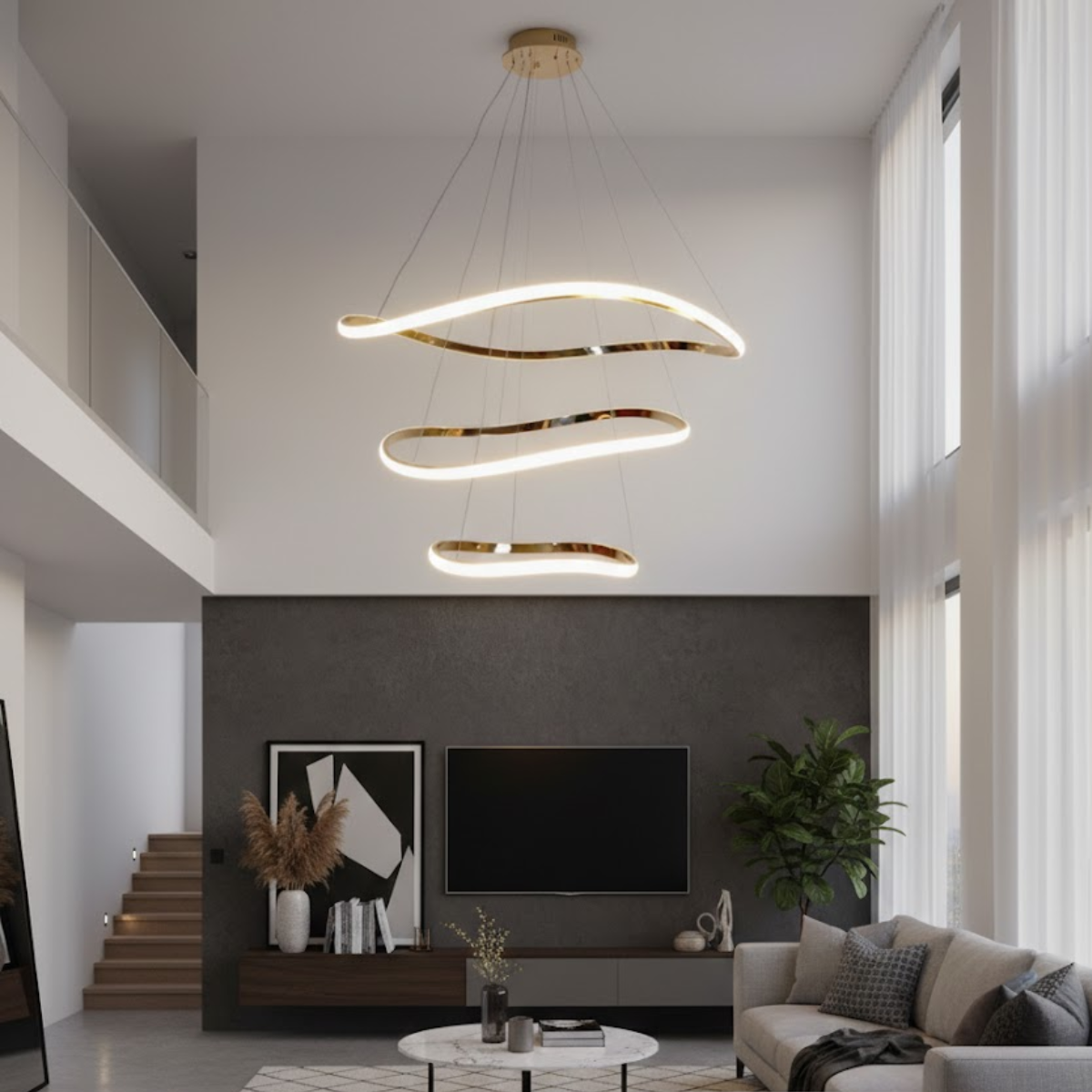 Modern LED Chandelier – Multi-Ring Wavy Design with Gold/Brass Finish