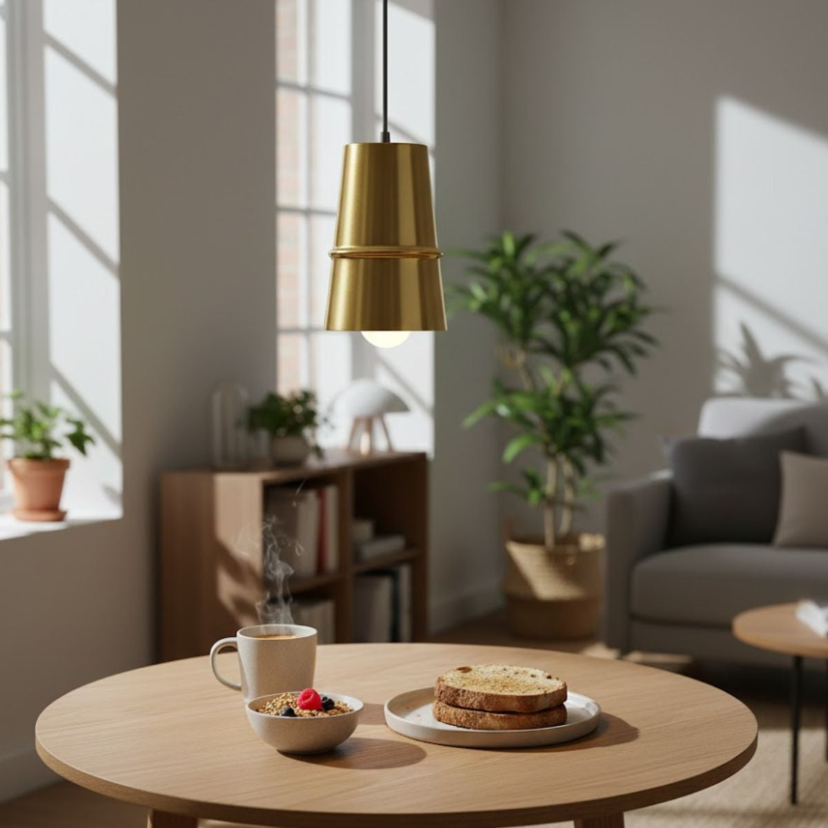 Castor One Light Pendant – Minimalist Gold Aluminum Shade with Matte White Interior