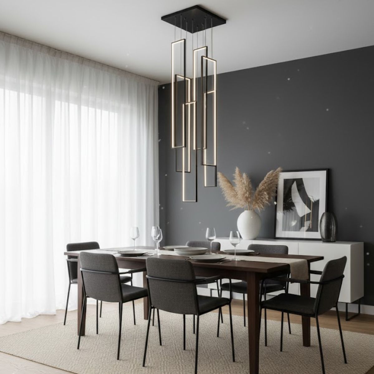 Modern LED Suspension Light – Cascade Miré Style, Matte Black Steel